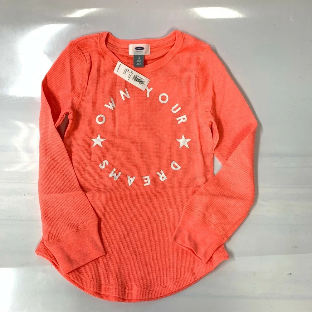 Old Navy Kids M 8 Neon Coral Own Your Dreams Waffle Knit Thermal Long Sleeve Tee
